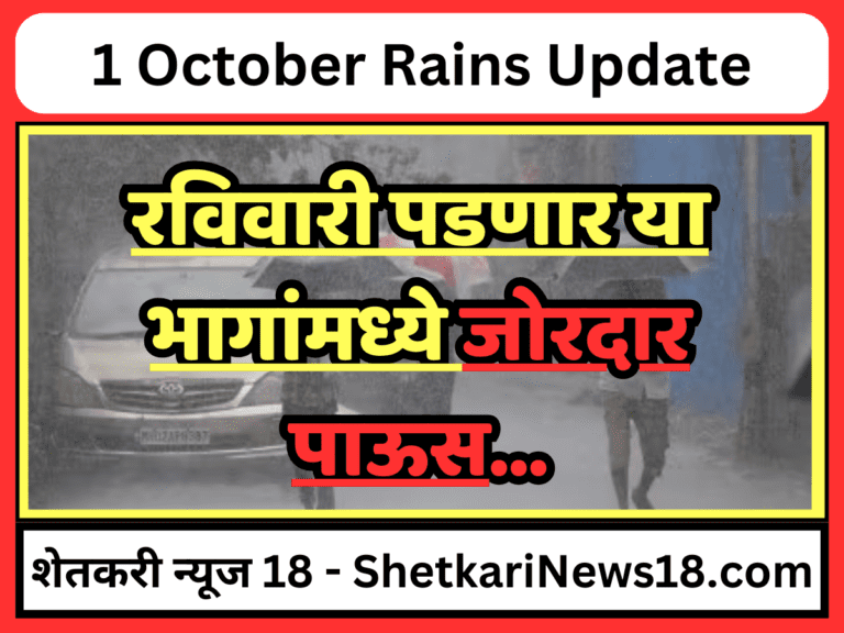 Maharashtra Rain : रविवारी पडणार या भागांमध्ये जोरदार पाऊस १ ऑक्टोबर रोजी कोणत्या भागात पाऊस पडणार जाणून घ्या.